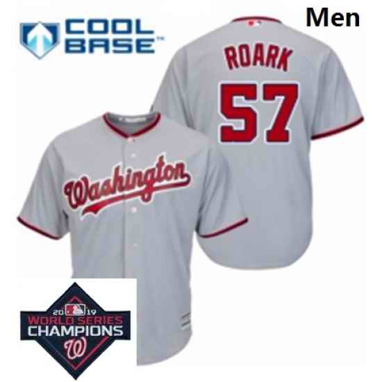 Mens Majestic Washington Nationals 57 Tanner Roark Grey Road Cool Base MLB Stitched 2019 World Series Champions Patch Jersey